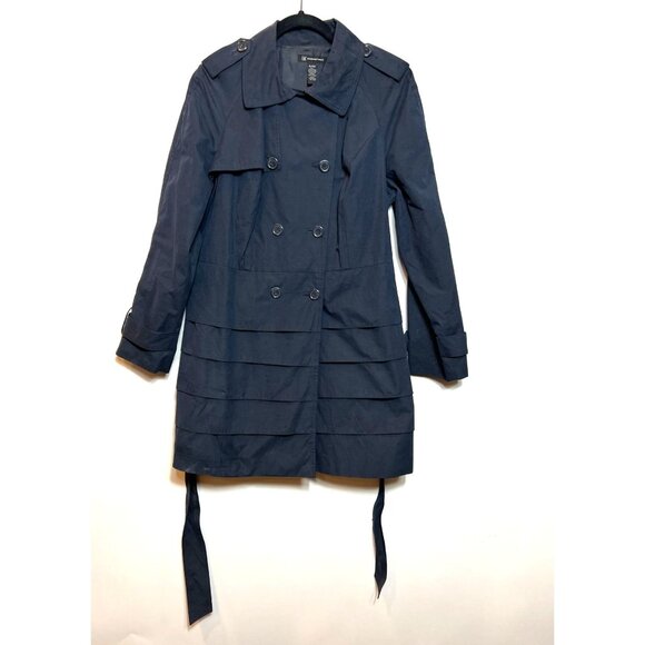 INC Navy Blue Tiered Trench Coat Belted Double Button Front Notched Lapel XL - Picture 2 of 6